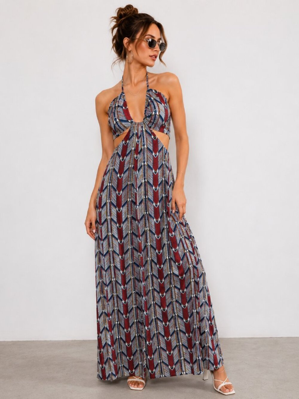 Colorful Tribal Print Halter Maxi Dress Side Cutout Boho NWT